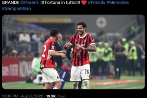 特奧更新社媒曬與弗洛倫齊效力米蘭時合照：祝一切順利??