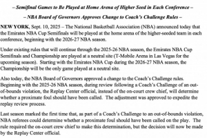 下下賽季起NBA杯半決賽將在戰(zhàn)績(jī)更好球隊(duì)主場(chǎng)進(jìn)行 決賽依舊中立場(chǎng)