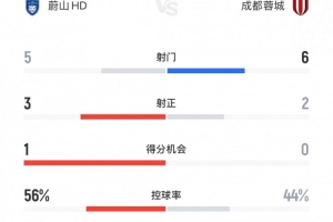 蓉城vs蔚山HD半場數(shù)據(jù)：蓉城6射2正1進(jìn)球，得分機(jī)會(huì)為0次
