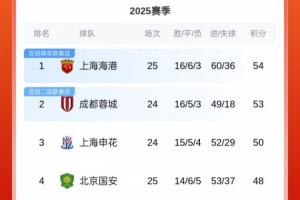 中超積分榜：海港先賽1分領(lǐng)跑！國(guó)安3連敗已落后榜首6分