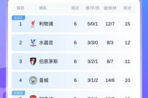 英超積分榜：紅軍仍3分領(lǐng)跑 水晶宮第2 藍(lán)軍3輪不勝第7 曼聯(lián)第14