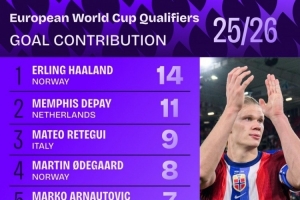 本屆歐洲世預(yù)賽參與進(jìn)球榜：哈蘭德14球居首，德佩11球次席
