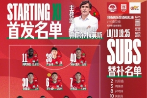 中超第27輪，河南俱樂部酒祖杜康VS長春亞泰 首發(fā)及替補(bǔ)隊(duì)員名單