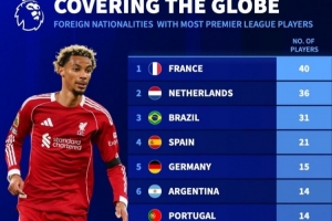 英超各國外援?dāng)?shù)：法國40人、荷蘭36人、巴西31人、西班牙21人