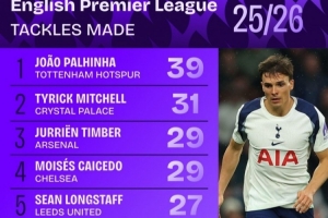 本賽季英超搶斷榜：帕利尼亞壓米切爾居首，廷伯、凱塞多列前四