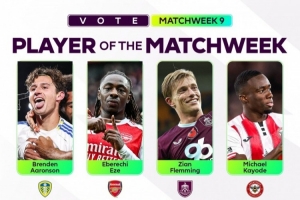 英超官方評第9輪最佳球員候選：埃澤、姆伯莫領(lǐng)銜，范德芬在列