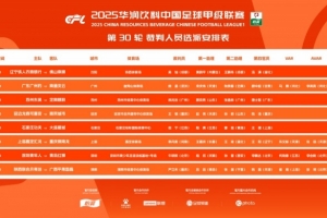 中甲第30輪裁判安排：廣東廣州豹vs南通支云等4場安排有VAR