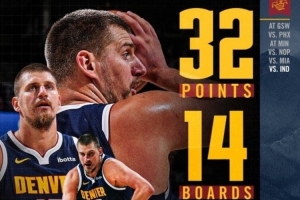 32+14+14！掘金發(fā)布約基奇數(shù)據(jù)海報：這些都是32分鐘里做到的??