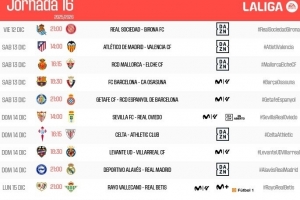 西甲第16輪時(shí)間：巴薩12月14日01:30對(duì)陣奧薩蘇納，皇馬15日出戰(zhàn)