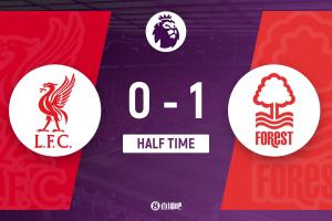 半場(chǎng)-利物浦暫0-1森林 穆里略破門引爭議熱蘇斯進(jìn)球被吹手球無效