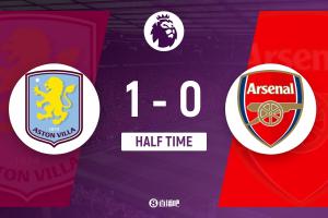 半場(chǎng)-阿森納暫0-1維拉 卡什凌空破門沃特金斯失良機(jī) 埃澤進(jìn)球被吹