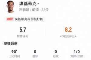 ?；倏吮緢?chǎng)3射1正+2關(guān)鍵傳球 6過(guò)人4成功 獲評(píng)5.7分全場(chǎng)最低