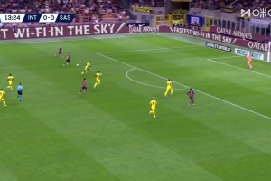 國米1-0領(lǐng)先！蘇西奇做球，迪馬爾科冷靜推射得手